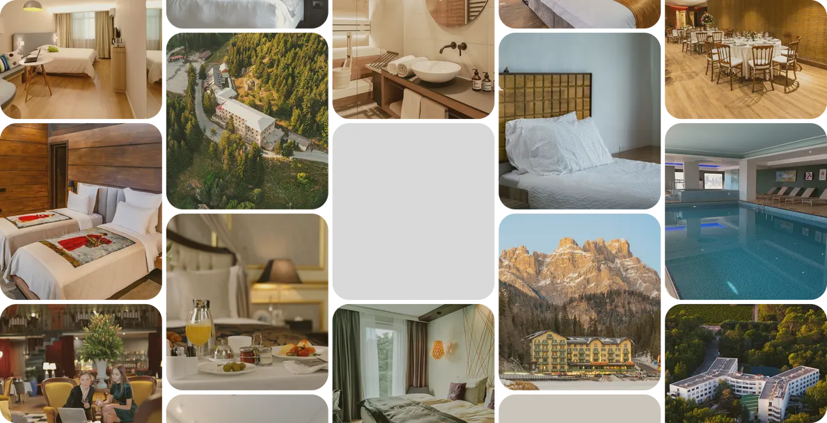 Koláž fotografií ubytovaní — izby, wellness, reštaurácie a okolie