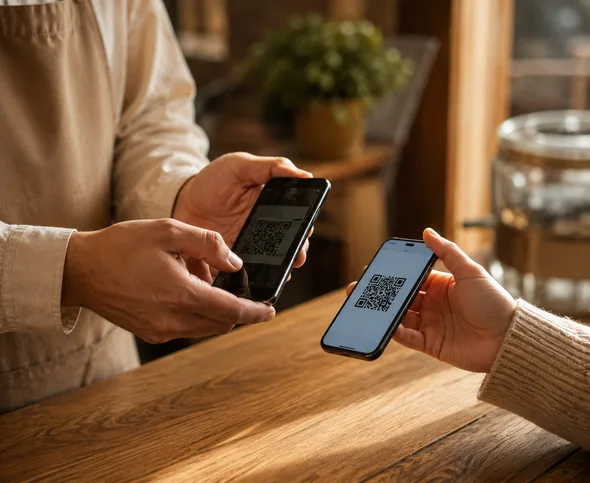 Obsluha skenuje QR kód zľavy z mobilu hosťa