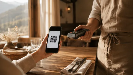 Hosť pri stole v reštaurácii ukazuje telefón s QR kódom, čašník drží platobný terminál